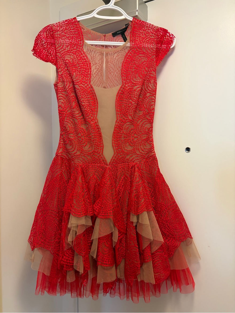 BCBGMaxAzria Red Lace High-Low Party Dress